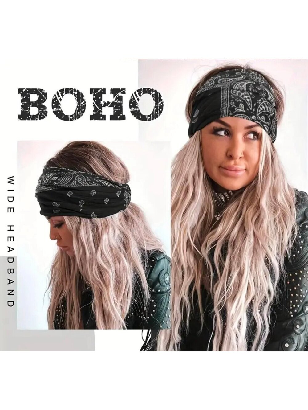 New - Thick Boho Chic Headband - Paisley Print Black